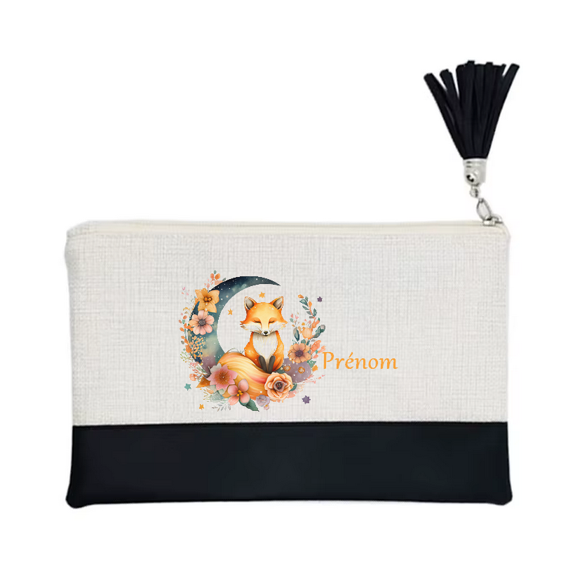 Pochette personnalisée motif fox renard lune en toile et simili cuir personnalisée