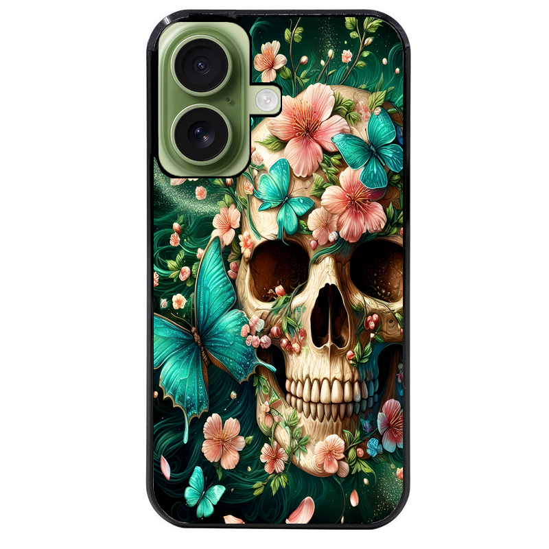 Coque noire taperso pour Iphone 16 16E PLUS MAX PRO avec motif tete de mort skull printemps protection antichoc personnalisée
