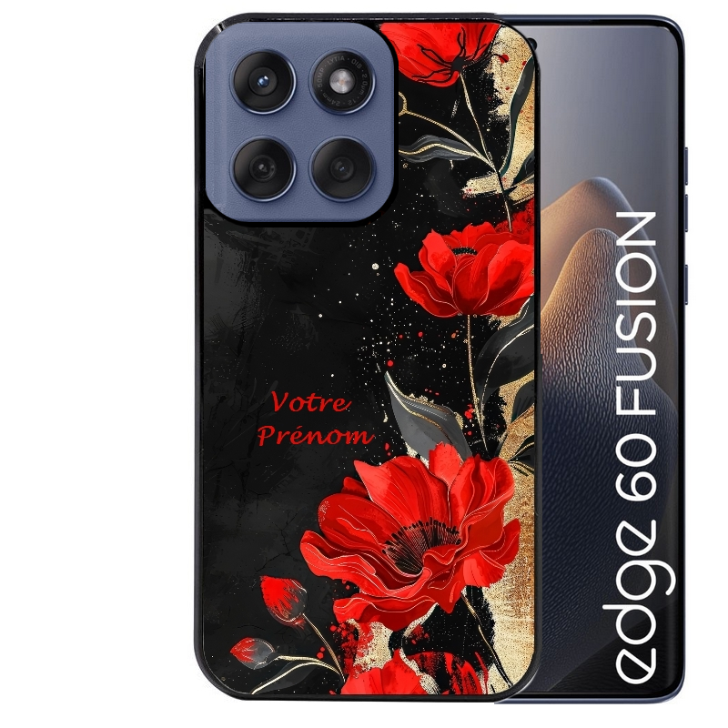 Coque noire taperso pour Moto Edge 60 et Neo Fusion Pro avec motif fleur rouge avec prenom protection antichoc personnalisée