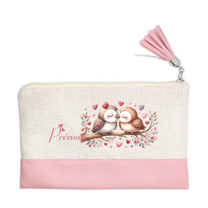 Pochette personnalisée motif chouette love en toile et simili cuir personnalisée