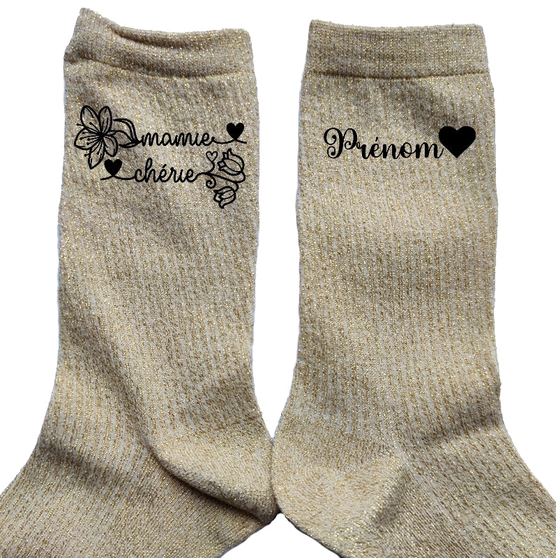 Chaussettes personnalisée paillettes doré motif mamie chérie