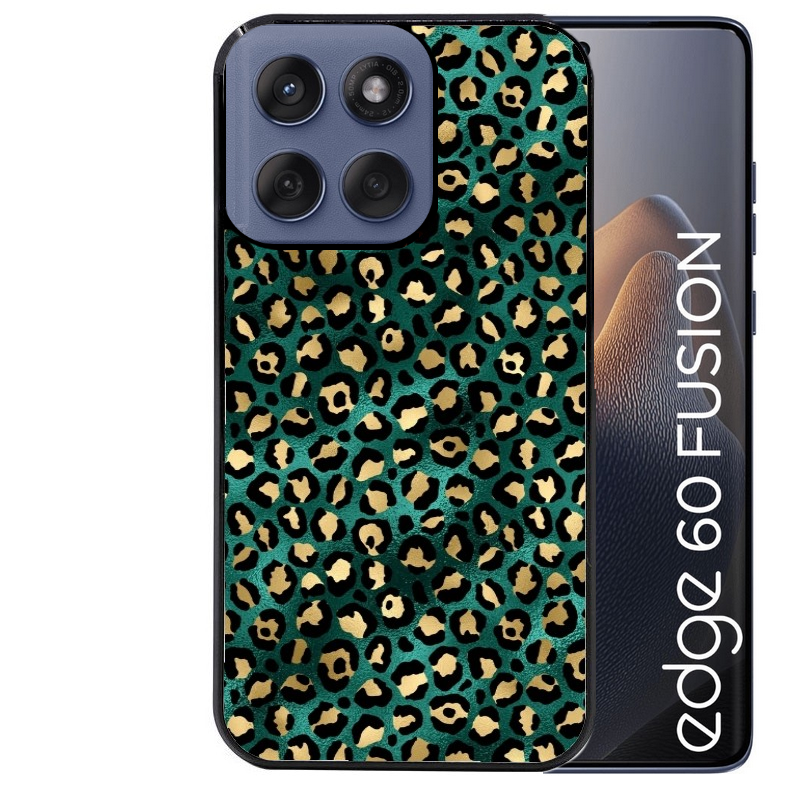 Coque noire taperso pour Moto Edge 60 et Neo Fusion Pro avec motif leopard vert protection antichoc personnalisée