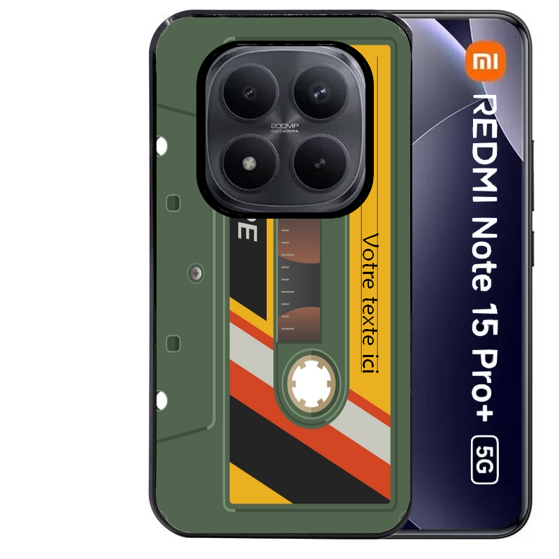 Coque noire taperso pour Redmi Note 15 et PRO PLUS 4G 5G personnalisable avec motif cassette kaki protection antichoc personnalisée