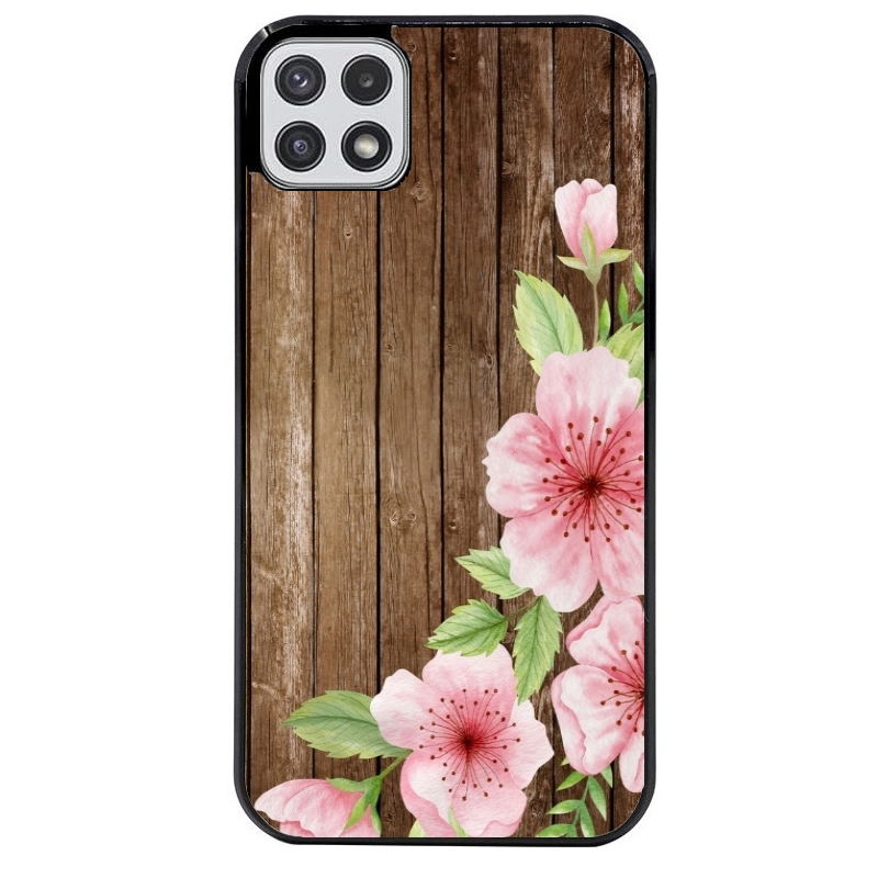 Coque noire taperso pour galaxy A22 A32 A52 A52S 4G 5G  avec motif bois avec fleur rose protection antichoc personnalisée