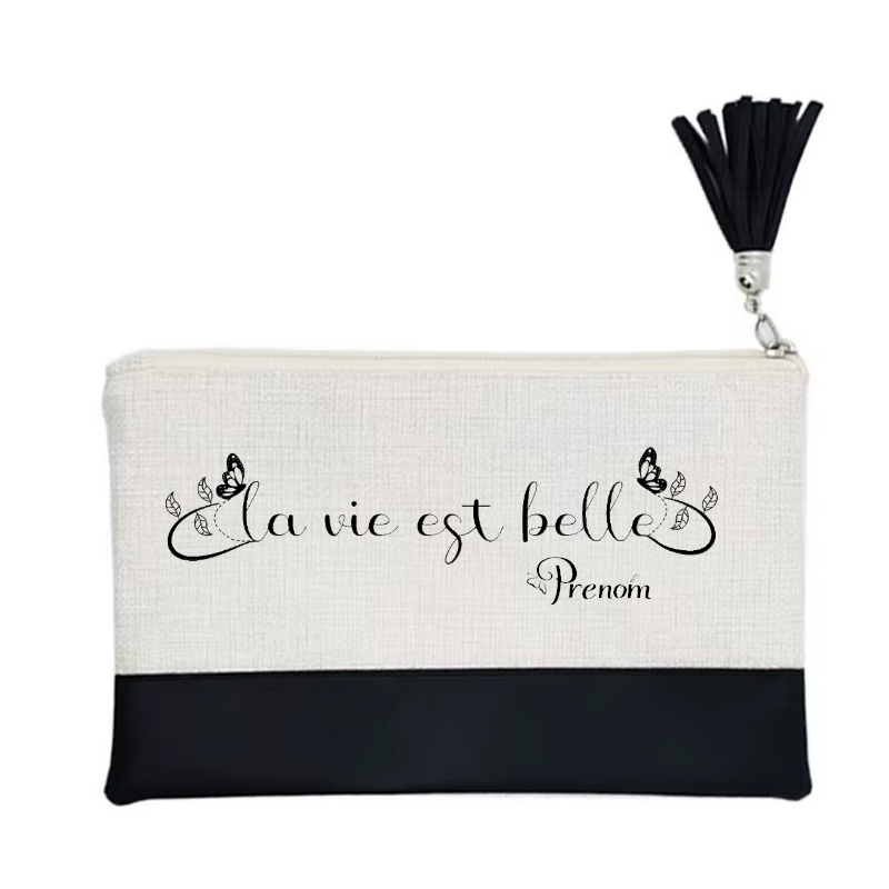 Pochette personnalisée motif la vie est belle en toile et simili cuir personnalisée