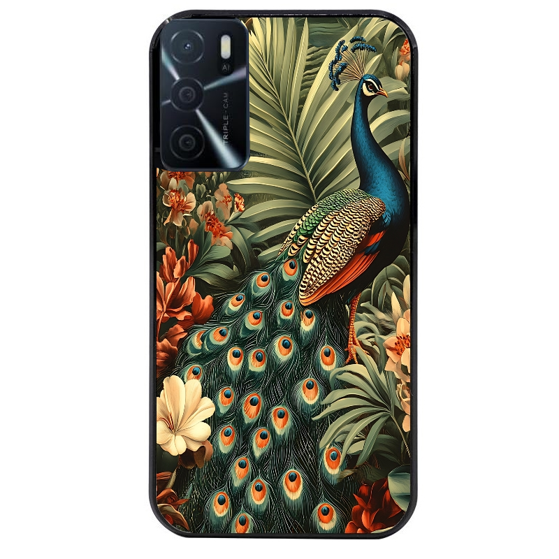 Coque noire taperso pour OPPO A16 et A16S avec motif paon tropical protection antichoc personnalisée