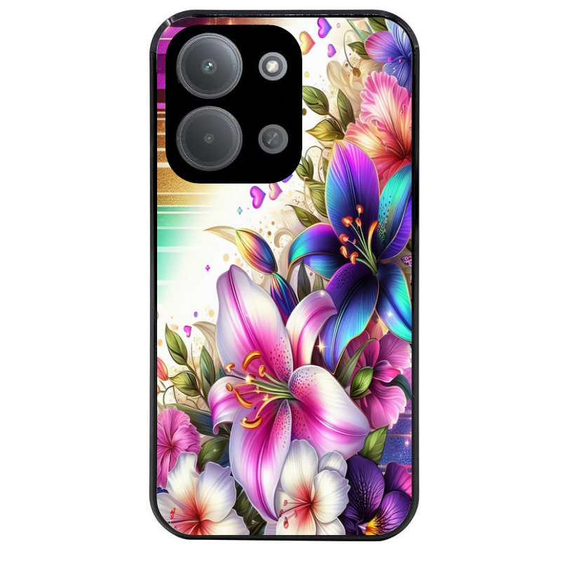 Coque noire taperso pour POCO C85 avec motif fleur fluo protection antichoc personnalisée