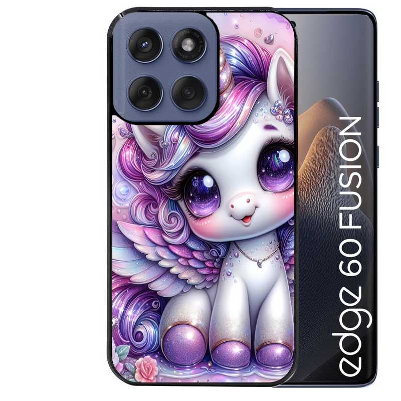 Coque noire taperso pour Moto Edge 60 et Neo Fusion Pro avec motif licorne violette protection antichoc personnalisée