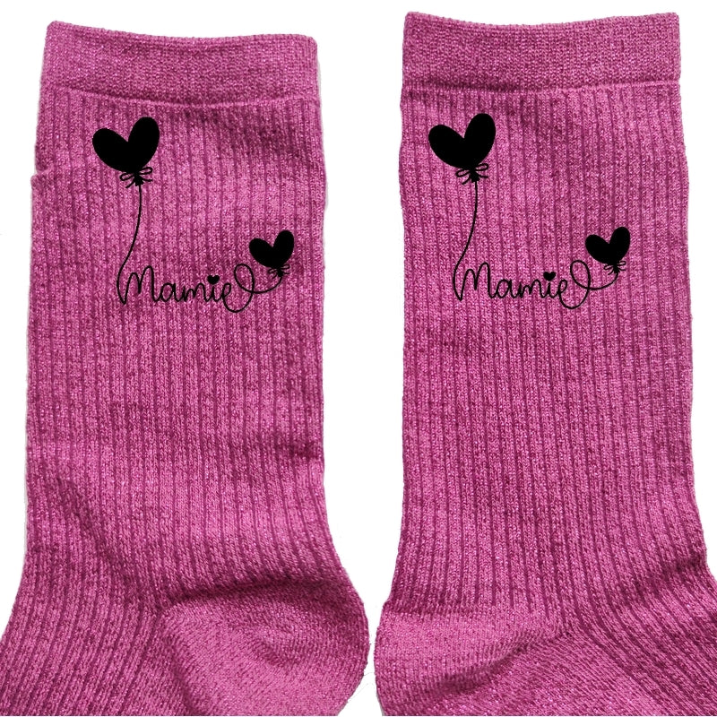 Chaussettes paillettes rose motif mamie coeur
