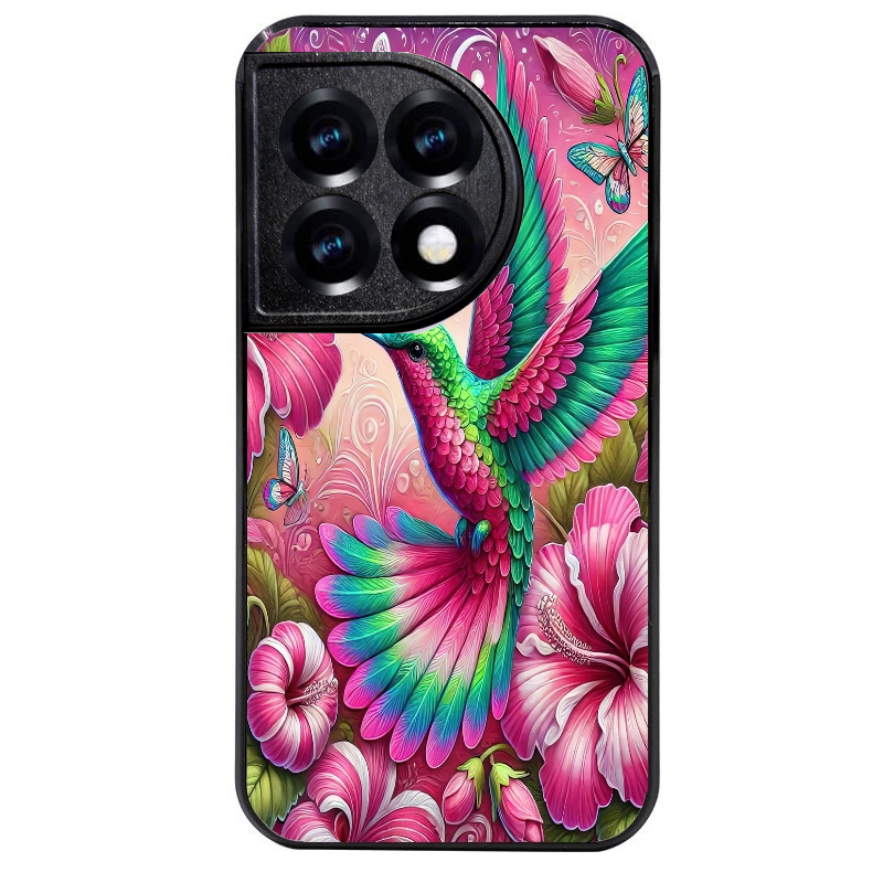 Coque noire taperso pour OnePlus 11 et 12 avec motif colibri et fleurs protection antichoc personnalisée
