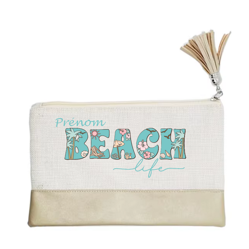 Pochette personnalisée motif plage fleur en toile et simili cuir personnalisée