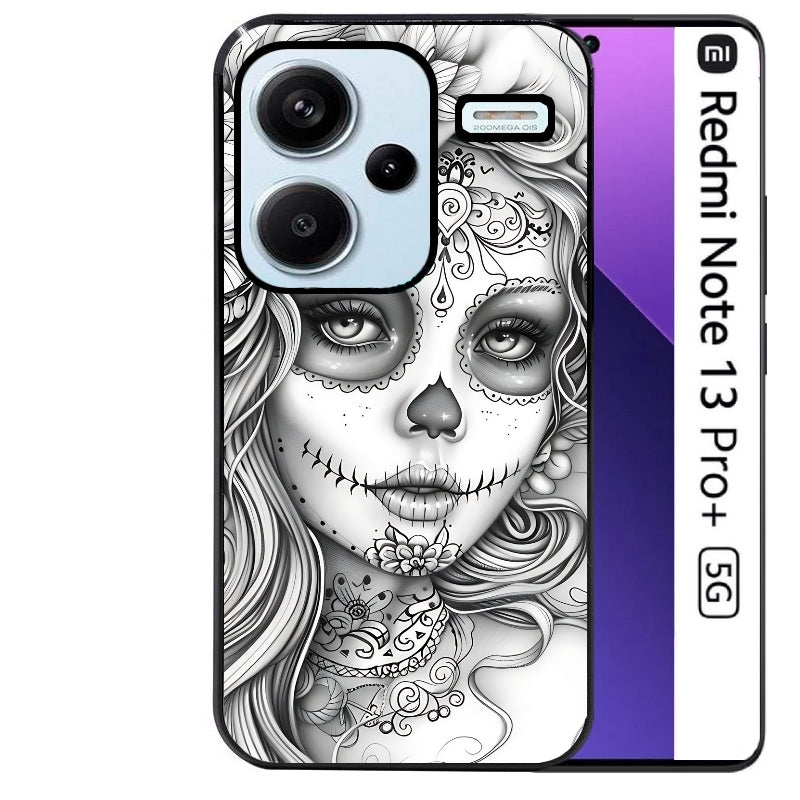 Coque noire taperso pour Redmi Note 13 PRO PLUS 5G avec motif mort calavera tatoo protection antichoc personnalisée