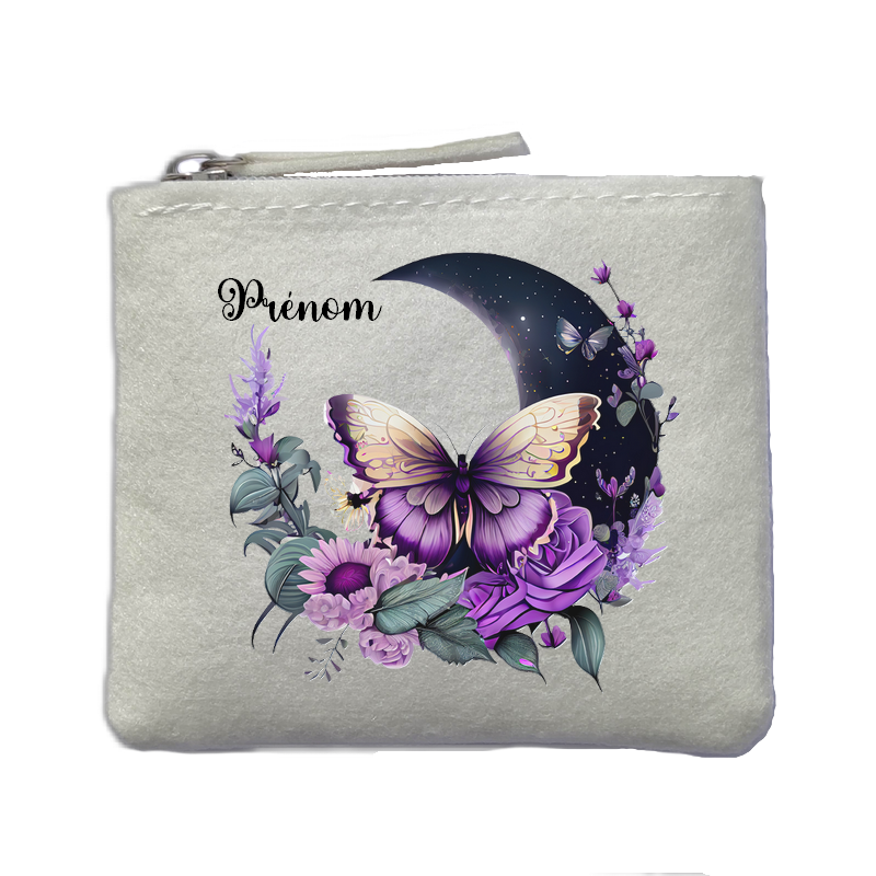 Porte monnaie personnalisé papillon lune ivoire en feutrine en feutrine ivoire