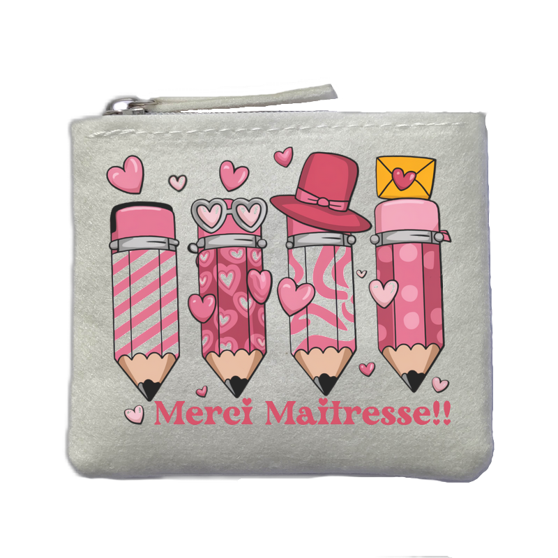 Porte monnaie maitresse merci cœur  ivoire en feutrine en feutrine ivoire