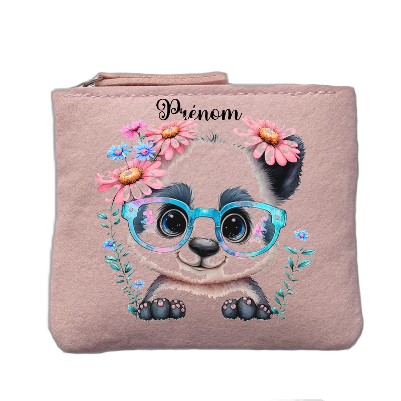 Porte monnaie personnalisé motif panda lunettes rose clair en feutrine en feutrine
