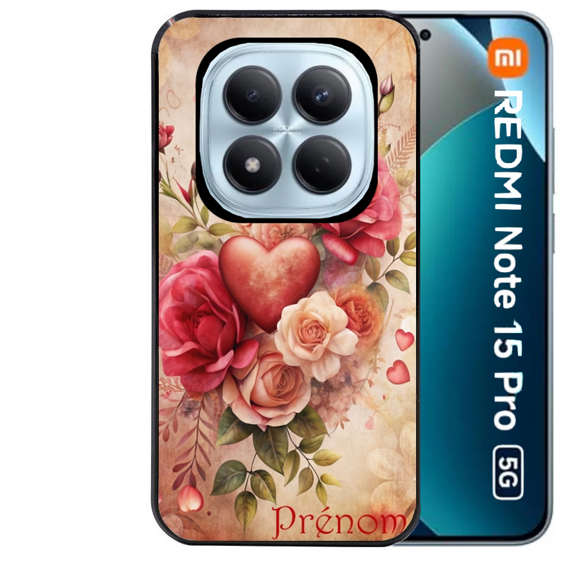 Coque noire taperso pour Redmi Note 15 et PRO PLUS 4G 5G avec motif coeur et fleur personnalisee protection antichoc personnalisée
