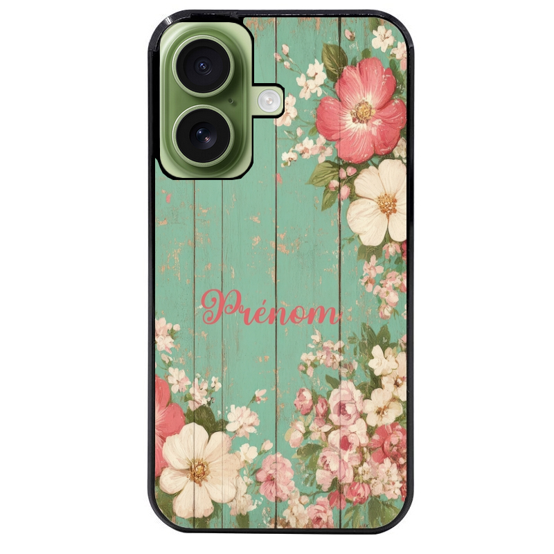 Coque noire taperso pour Iphone 17 17E AIR MAX PRO avec motif bois et fleur avec votre prenom protection antichoc personnalisée