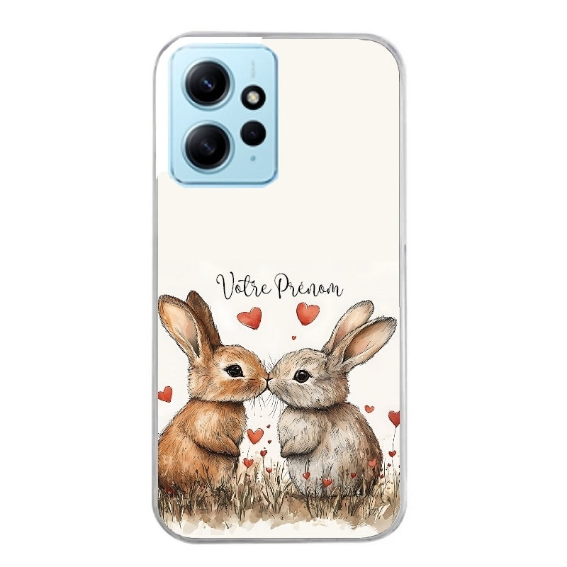 Coque taperso pour Redmi Note 12 4G 5G PRO 4G avec motif lapin coeur avec prenom protection antichoc personnalisée