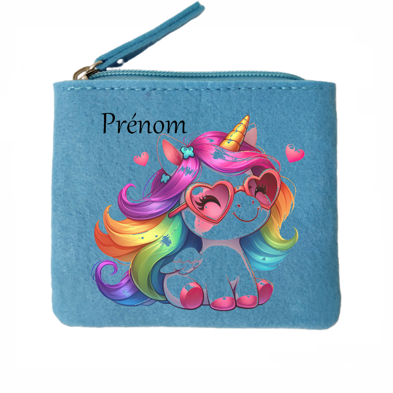Porte monnaie personnalisé licorne lunette en feutrine en feutrine