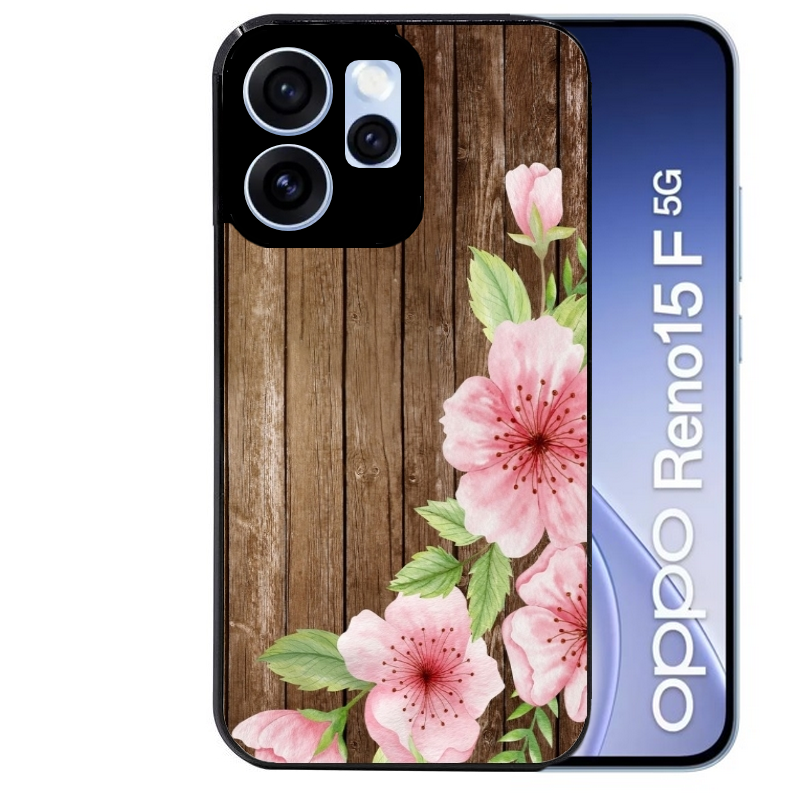 Coque noire taperso pour OPPO Reno 15 et F FS 5G avec motif bois avec fleur rose protection antichoc personnalisée