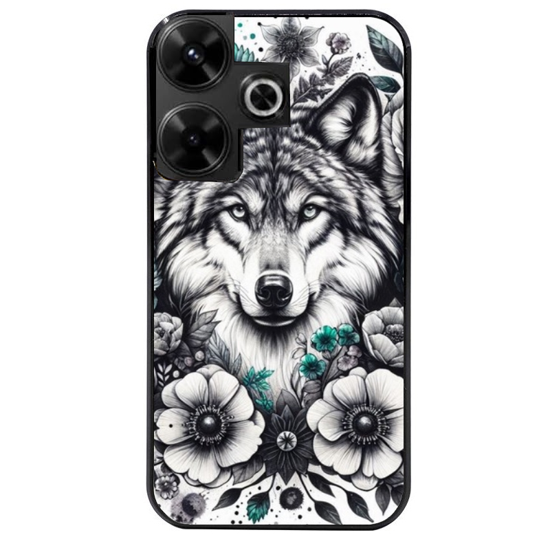 Coque noire taperso pour POCO M6 4G avec motif loup et fleur protection antichoc personnalisée
