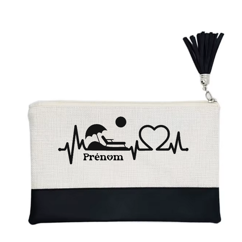 Pochette personnalisée motif plage vacances en toile et simili cuir personnalisée