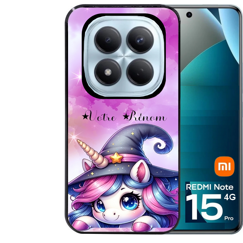 Coque noire taperso pour Redmi Note 15 et PRO PLUS 4G 5G avec motif licorne magic avec prenom protection antichoc personnalisée