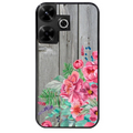 Coque noire taperso pour POCO M6 4G avec motif bois gris et fleur rose protection antichoc personnalisée