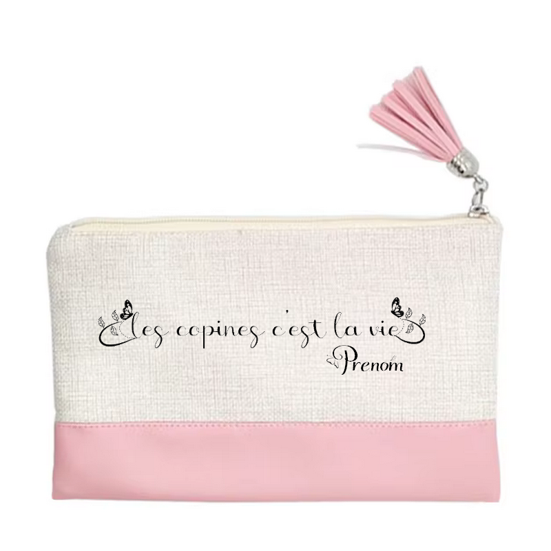 Pochette personnalisée motif copine c'est la vie en toile et simili cuir personnalisée