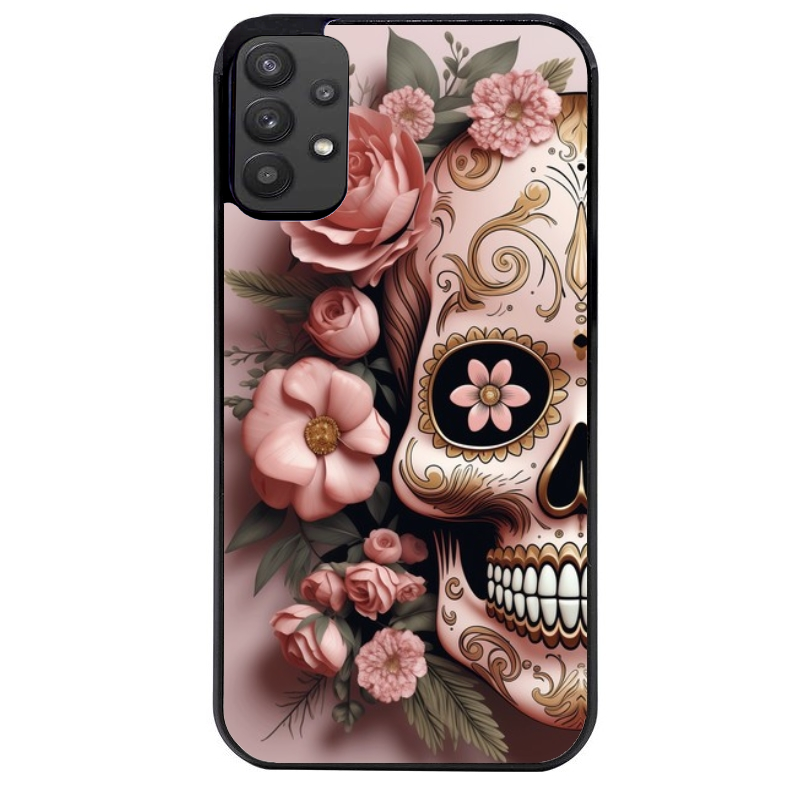 Coque noire taperso pour galaxy A22 A32 A52 A52S 4G 5G  avec motif tete de mort calavera rose protection antichoc personnalisée