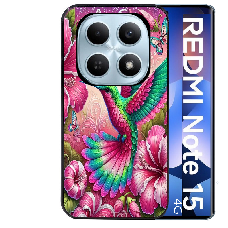 Coque noire taperso pour Redmi Note 15 et PRO PLUS 4G 5G avec motif colibri et fleurs protection antichoc personnalisée