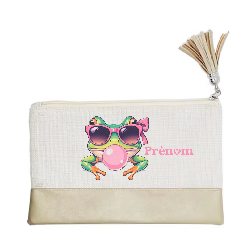 Pochette personnalisée motif grenouille bubble en toile et simili cuir personnalisée