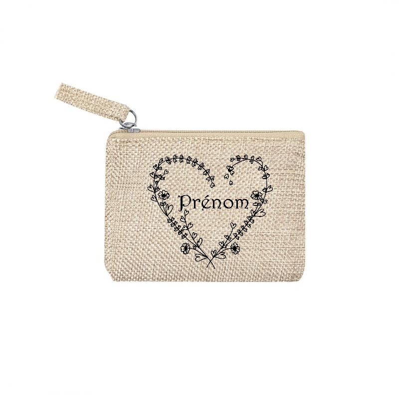 Pochette coeur et fleur personnalisée en jute et doré en jute et doré
