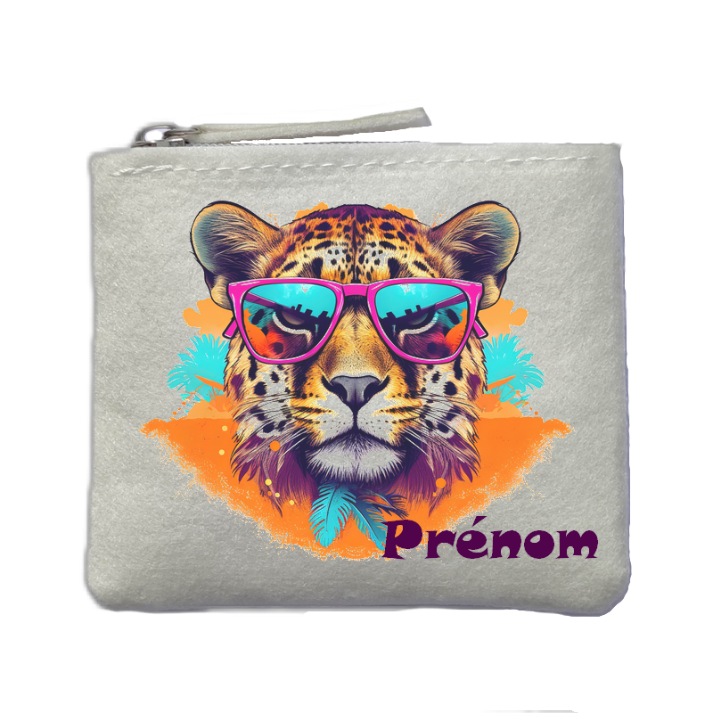 Porte monnaie personnalisé panthere lunettes ivoire en feutrine en feutrine ivoire