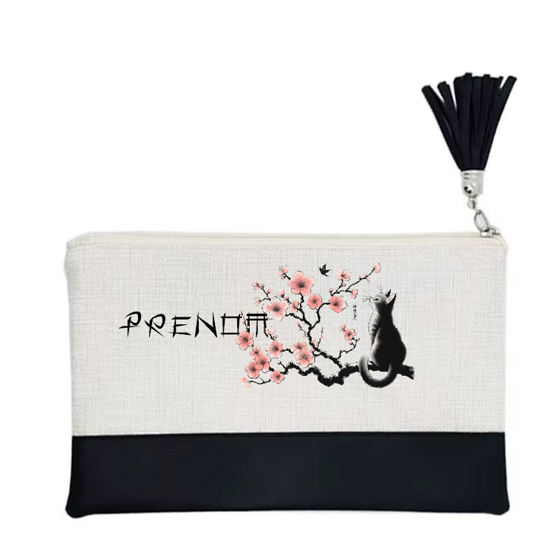 Pochette personnalisée motif chat cerisier en toile et simili cuir personnalisée