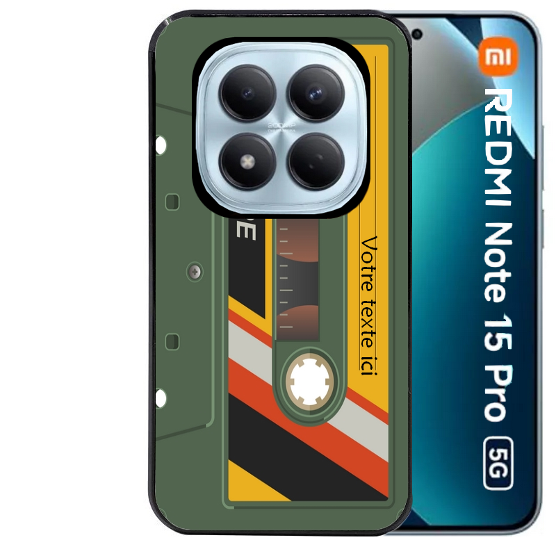 Coque noire taperso pour Redmi Note 15 et PRO PLUS 4G 5G personnalisable avec motif cassette kaki protection antichoc personnalisée