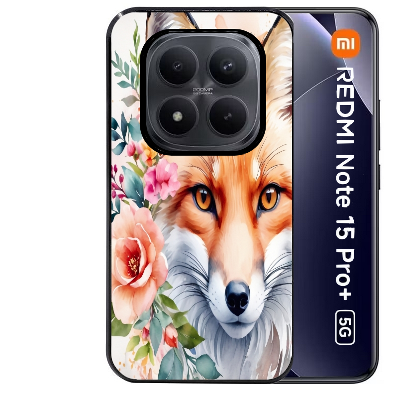 Coque noire taperso pour Redmi Note 15 et PRO PLUS 4G 5G avec motif renard fox et fleurs protection antichoc personnalisée