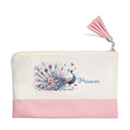 Pochette personnalisée motif paon plume en toile et simili cuir personnalisée
