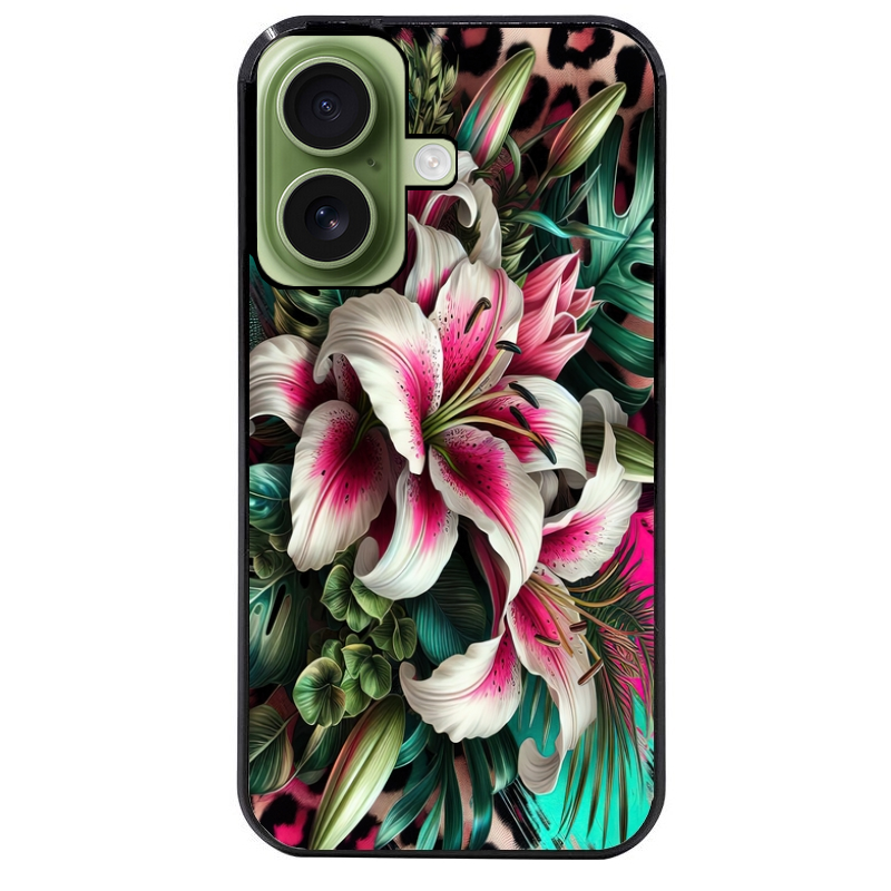 Coque noire taperso pour Iphone 16 16E PLUS MAX PRO avec motif leopard hibiscus protection antichoc personnalisée