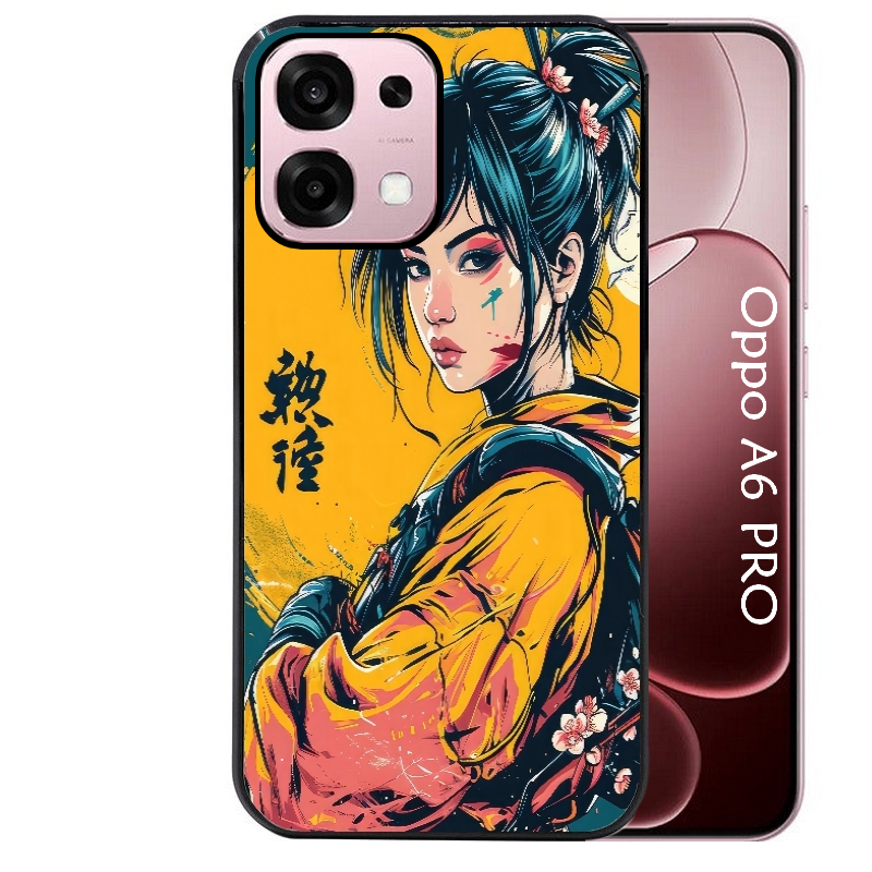 Coque noire taperso pour OPPO A6 PRO 4G et 5G avec motif samourai girl anime protection antichoc personnalisée