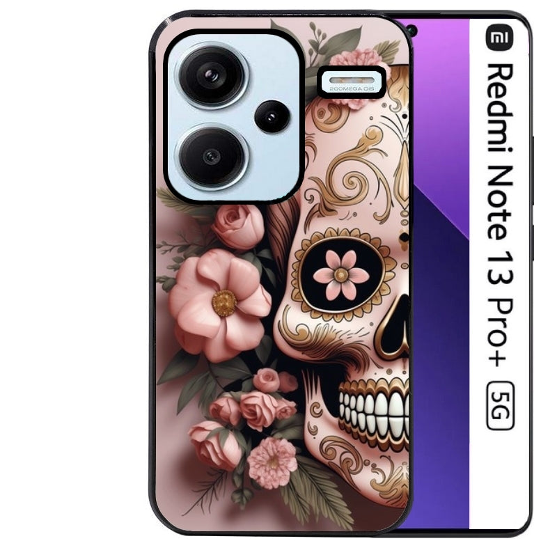 Coque noire taperso pour Redmi Note 13 PRO PLUS 5G avec motif tete de mort calavera rose protection antichoc personnalisée
