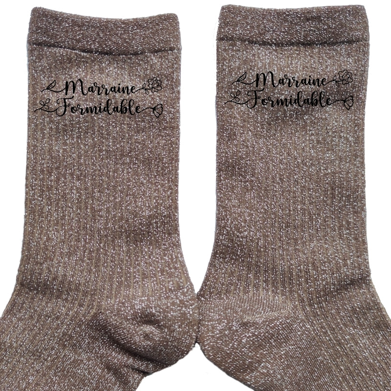 Chaussettes paillettes bronze motif marraine formidable