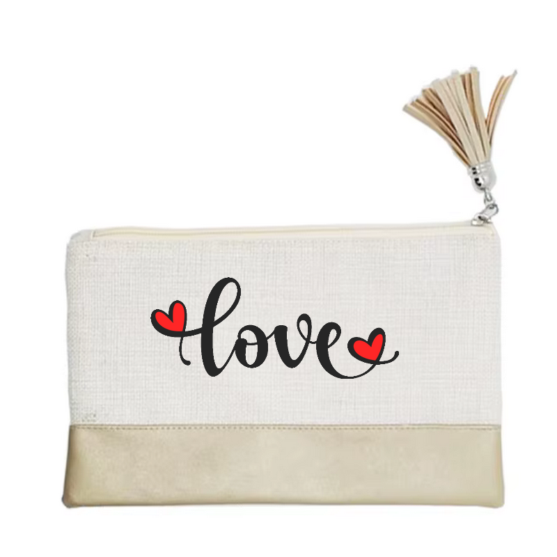 Pochette motif love double cœur en toile et simili cuir
