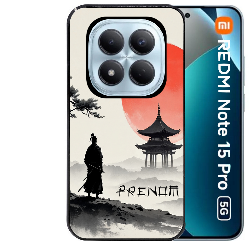 Coque noire taperso pour Redmi Note 15 et PRO PLUS 4G 5G avec motif samourai et temple personnalisee protection antichoc personnalisée