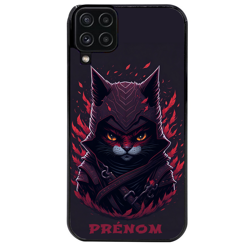 Coque noire taperso pour galaxy A22 A32 A52 A52S 4G 5G  avec motif chat samourai personnalise protection antichoc personnalisée