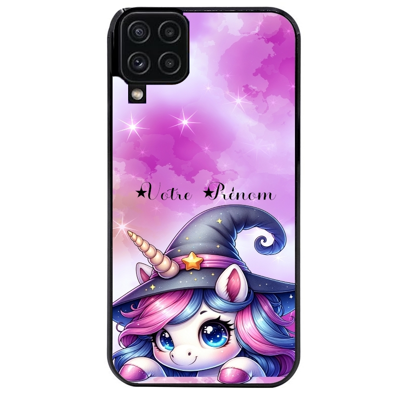 Coque noire taperso pour galaxy A22 A32 A52 A52S 4G 5G  avec motif licorne magic avec prenom protection antichoc personnalisée