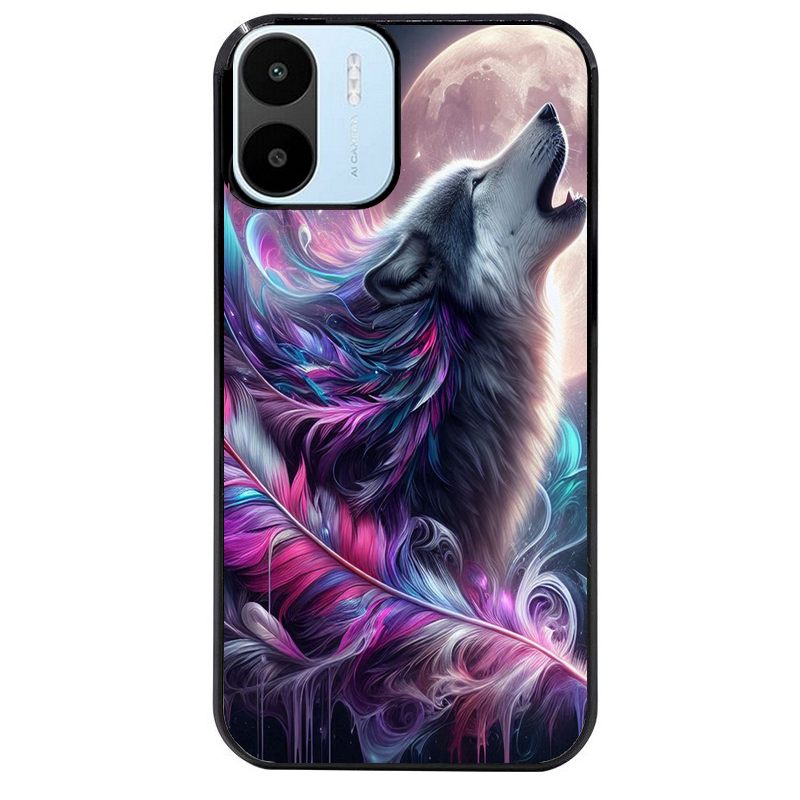 Coque noire taperso pour Redmi A1 et A2 avec motif loup et plume protection antichoc personnalisée