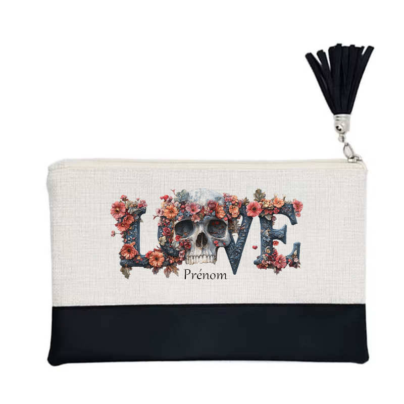 Pochette personnalisée motif tete de mort love en toile et simili cuir personnalisée