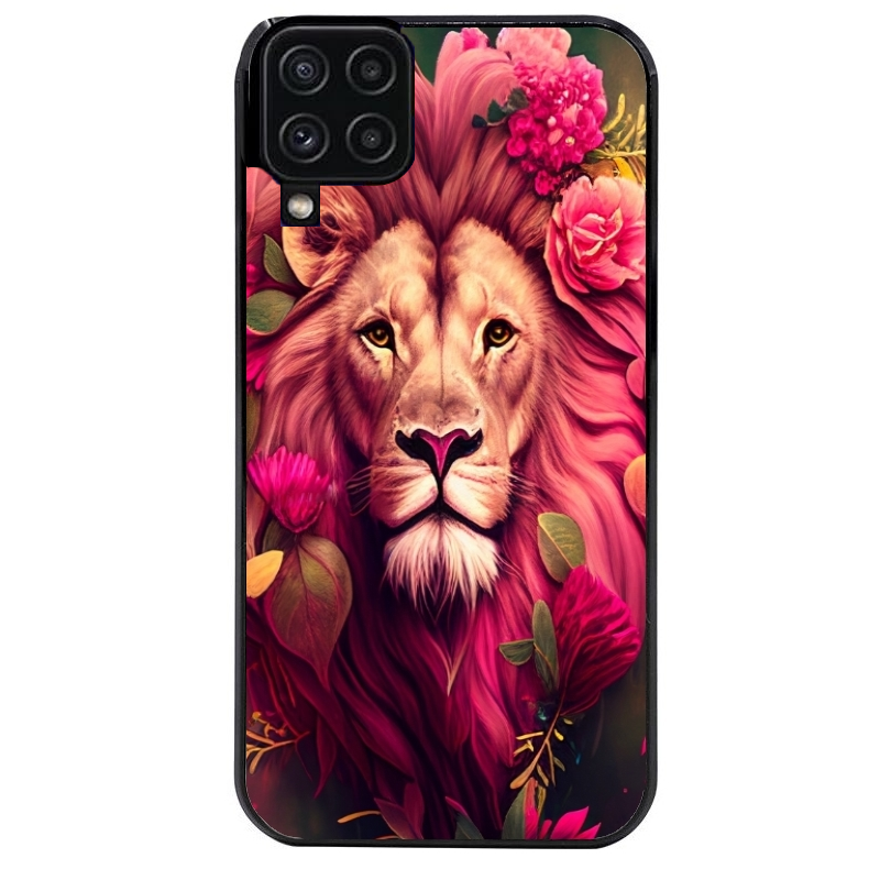 Coque noire taperso pour galaxy A22 A32 A52 A52S 4G 5G  avec motif lion et fleurs rose protection antichoc personnalisée