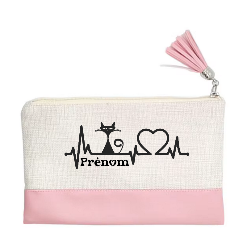 Pochette personnalisée motif chat heartbeat en toile et simili cuir personnalisée